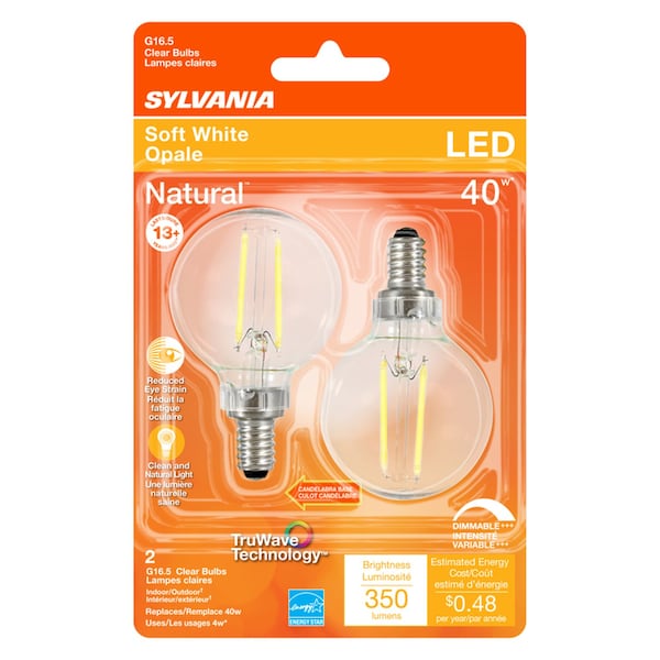 Sylvania Natural G16.5 E12 (Candelabra) LED Bulb Soft White 40 W , 2PK